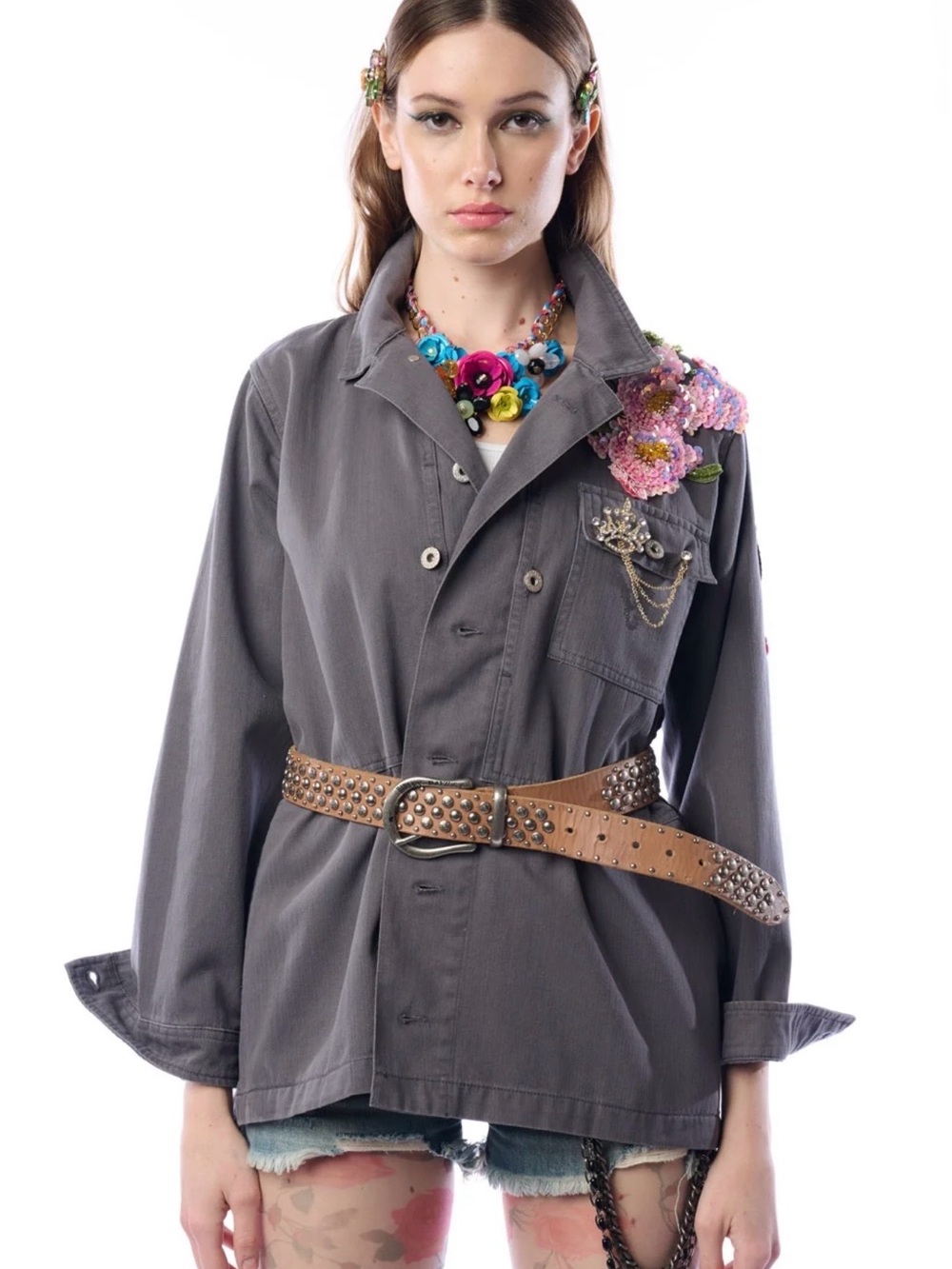 Aratta Tevia Gray Utility Jacket with Floral Applique